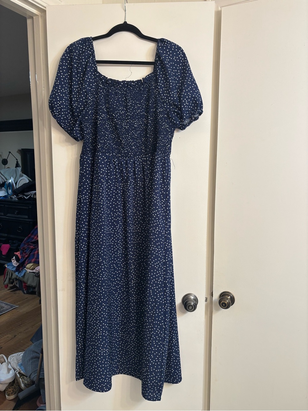 Amazon Navy Blue Polka Dot Maxi Dress with Puff Sleeves